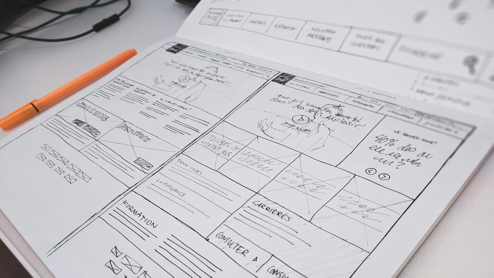 Hand-drawn website wireframes in an open sketchbook beside an orange felt-tip pen