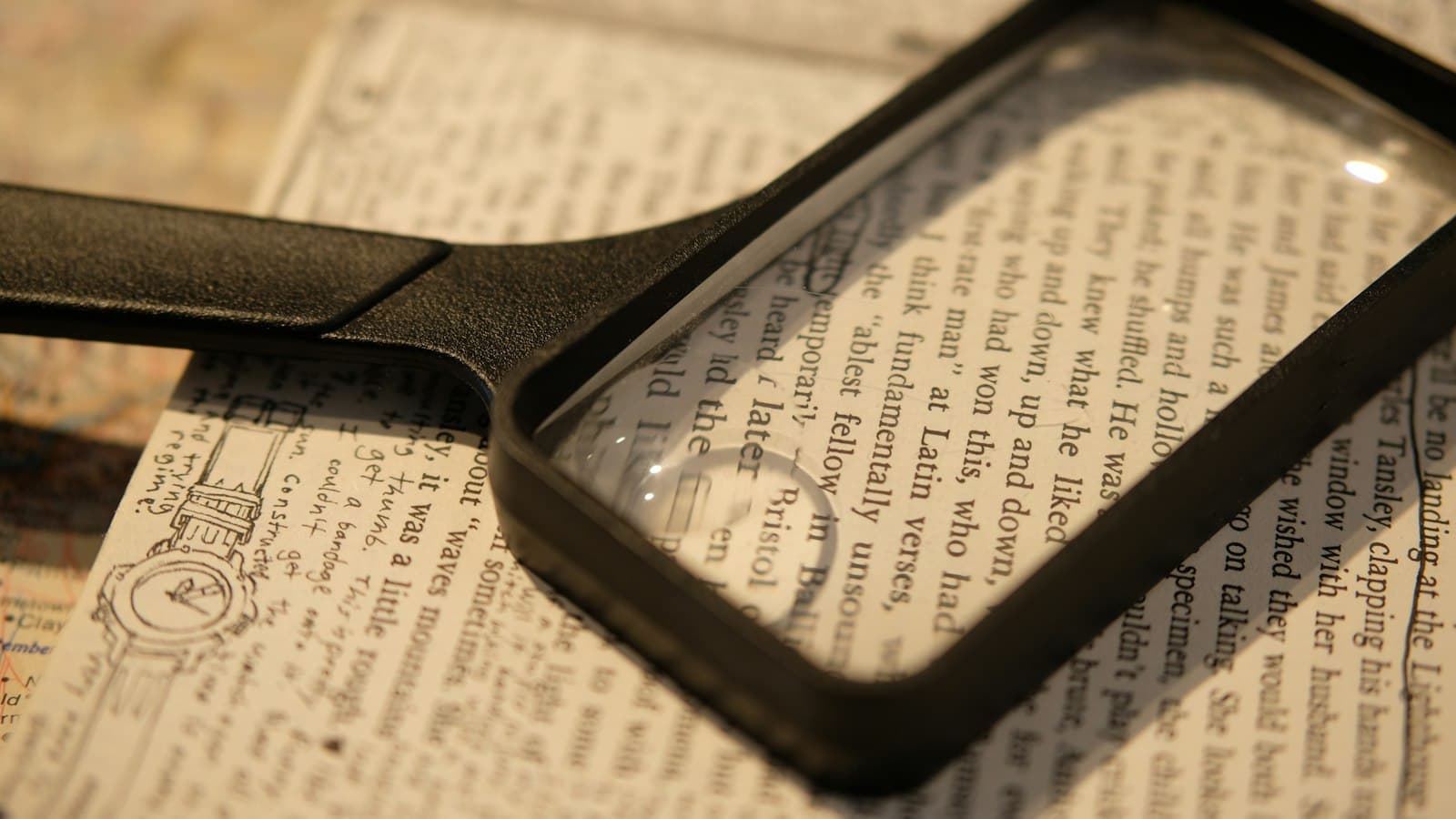 A black magnifying glass resting on a page of printed text with handwritten notes in the margin
