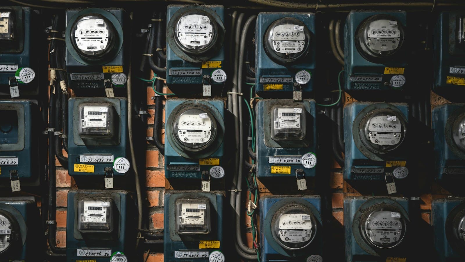A wall of weathered electricity meters, each labelled with its own number tag